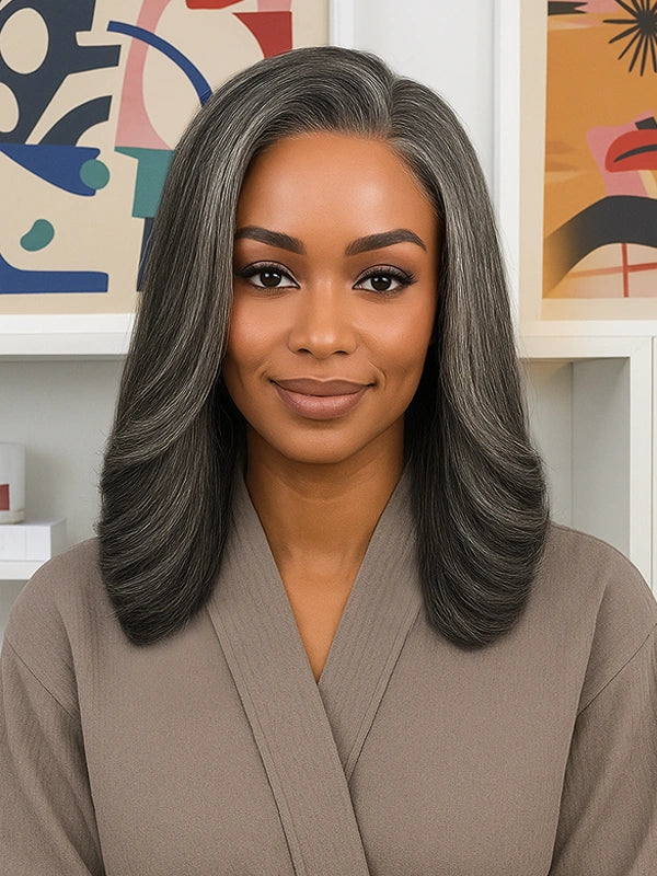Black woman showcasing Luvwin Dark Gray Salt & Pepper Custom Wavy Bob Wig, soft layered waves, 5x5 pre-cut lace, glueless human hair wig for mid-aged and older women, perfect for family events, casual outings, or professional gatherings