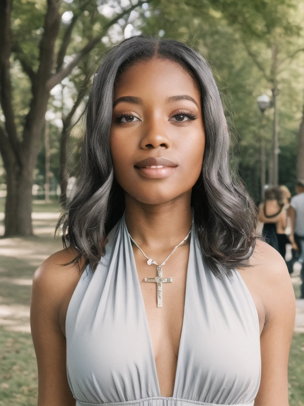 African American woman in Luvwin Dark Gray Salt & Pepper Custom Wavy Bob Wig, soft layered waves, 5x5 pre-cut lace, realistic gray highlights, beginner-friendly wig for mid-aged and older women, suitable for office, family gatherings, or weekend outings