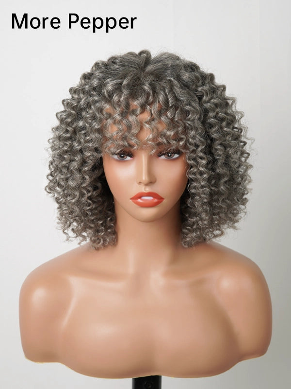 Close-up of Luvwin Salt And Pepper Defined Curls Wig with Bangs, soft realistic curls, natural hairline, glueless lace front, human hair wig for stylish Black women, perfect for work or weekend