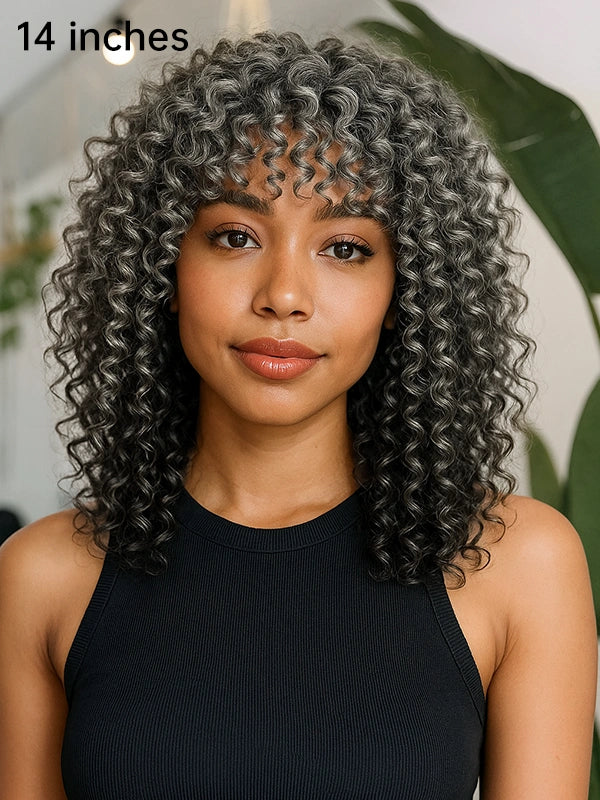 Mature African American woman wearing Luvwin Defined Curls Wig with Bangs, soft natural curls, realistic gray highlights, glueless lace front, stylish and comfortable 100% human hair wig for Black women
