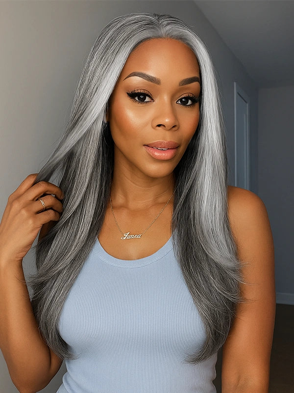 Confident adult woman showing off Luvwin Salt & Pepper More Salt Highlight 5x5 Closure Glueless Straight Wig, smooth texture and natural volume, suitable for casual or semi-formal occasions.