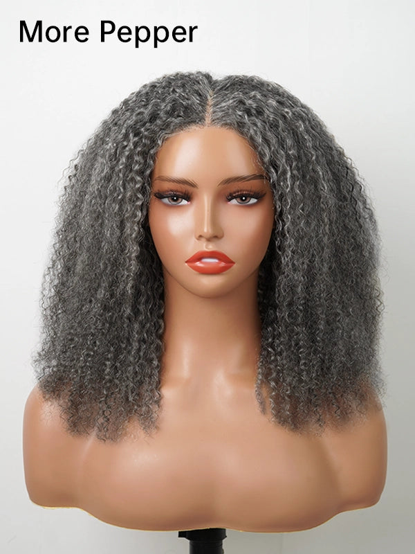 Close-up of Luvwin Salt & Pepper Burmese Curly Wig with 5x5 closure, realistic soft curls, natural gray highlights, glueless lace front, easy-to-style human hair wig for Black women