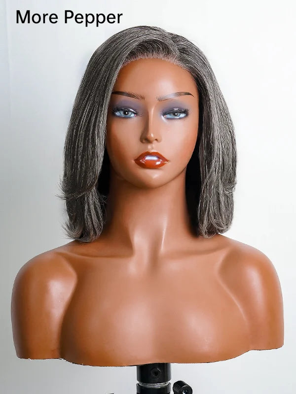 Luvwin Salt & Pepper Straight Layered Bob Wig, 100% human hair, glueless and easy to wear, natural look, suitable for any occasion, elegant and comfortable