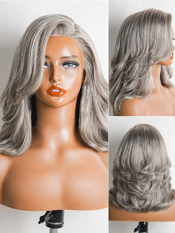 Close-up view of Luvwin Salt & Pepper Gray Wave Wig, glueless lace front, natural layered waves, soft gray highlights, beginner friendly human hair wig ideal for stylish Black women