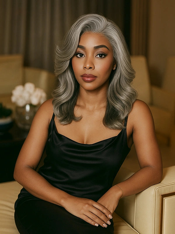 Black woman with Luvwin Salt & Pepper Gray layered wave wig, beginner friendly glueless style, natural texture, soft gray highlights, realistic human hair wig ideal for everyday wear