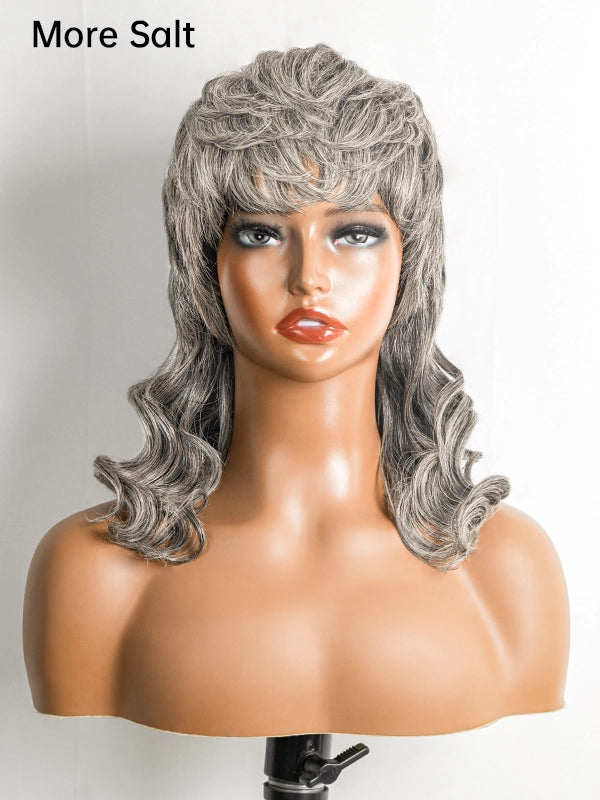 Luvwin Salt & Pepper Pixie Cut Glueless Mullet Wig with Bangs, soft natural texture, realistic gray highlights, 100% human hair, beginner-friendly wig for mature women and women of all ages, ideal for weekend activities, social gatherings, or work events