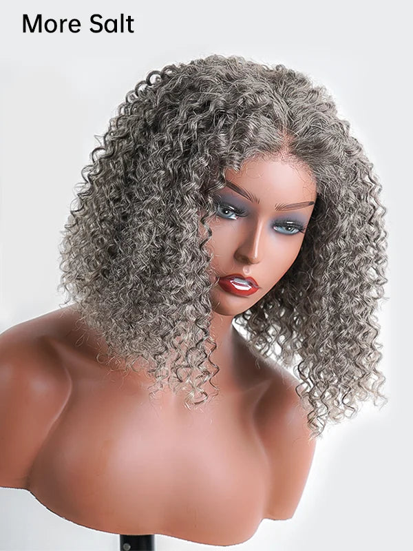 Luvwin 5x5 Deep Curly Salt & Pepper Gray Bob Wig, close-up of natural curls, pre-cut lace, glueless design, 100% human hair, everyday use