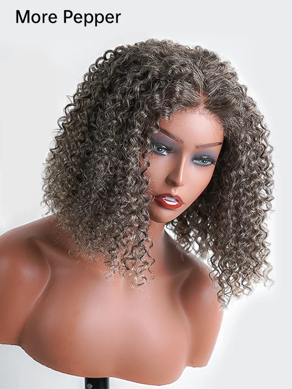 Close-up of 5x5 lace front on Luvwin Gray Curly Bob Wig, glueless, natural human hair, easy to wear, elegant and versatile for any occasion