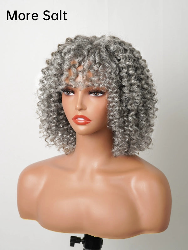 Detailed product shot of Luvwin Salt And Pepper Defined Curls Wig with Bangs, soft natural curls, realistic gray highlights, glueless lace front, comfortable human hair wig for Black women