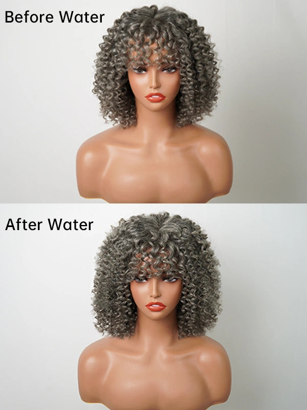 Luvwin Defined Curls Wig with Bangs, soft natural curls, glueless lace front, realistic gray highlights, beginner-friendly human hair wig for Black women, ideal for everyday, office, and casual occasions