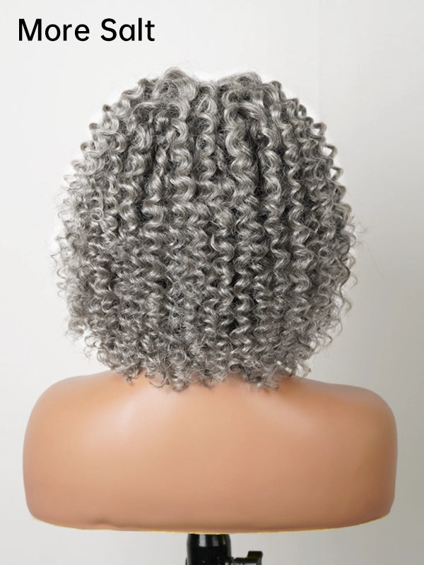 Luvwin Salt And Pepper Defined Curls Wig with Bangs, soft natural curls, realistic gray highlights, glueless lace front, human hair wig for Black women, perfect for parties, events, and everyday wear