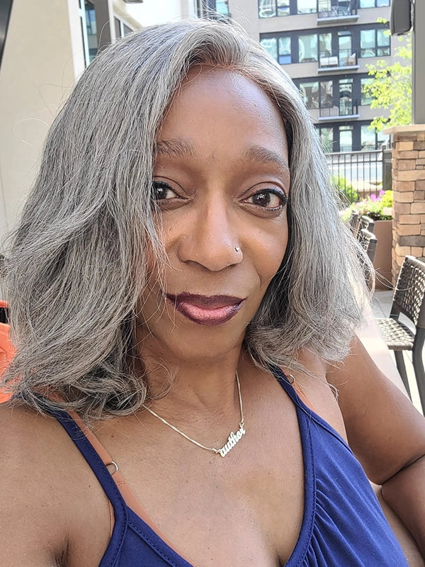 African American woman wearing Luvwin Gray Layered Style Wig in Salt & Pepper color with 5x5 closure lace, soft natural layers, realistic gray highlights, glueless human hair wig, beginner-friendly and stylish for Black women