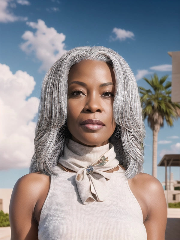 Mature African American woman wearing Luvwin Gray Layered Wig, soft natural layers, Salt & Pepper highlights, glueless 5x5 closure, comfortable and stylish human hair wig for work, weekend, and casual looks
