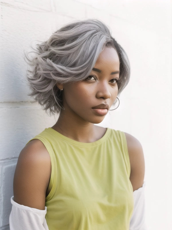 Mature African American woman wearing Luvwin Silver Gray Layered Cut Side Part Wig, soft natural waves, realistic gray highlights, 100% human hair wig suitable for mid-aged and older women, ideal for brunch, social gatherings, or casual occasions