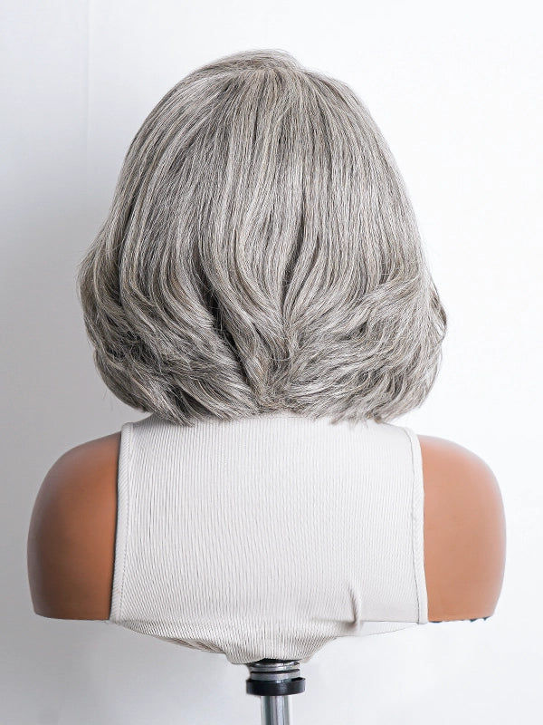 Full product shot of Luvwin Gray Layered Style Wig, soft natural layers, realistic Salt & Pepper gray highlights, glueless 5x5 closure lace front, 100% human hair wig, easy-to-style and natural-looking for Black women
