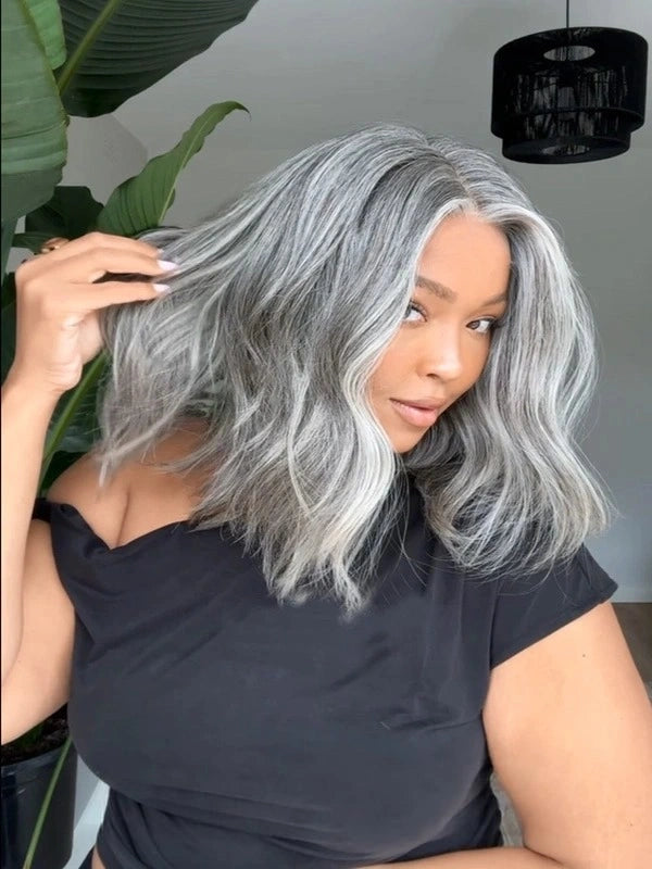 Black woman showcasing Luvwin Loose Wave Glueless Bob Wig, Salt & Pepper color, soft natural waves, glueless 5x5 closure, comfortable human hair wig suitable for work, weekend, or casual outings