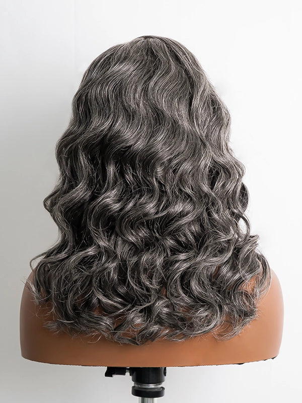 Full product shot of Luvwin 5x5 Closure Salt & Pepper Loose Wave Glueless Bob Wig, soft natural waves, realistic gray highlights, 100% human hair, beginner-friendly and easy-to-style wig suitable for work, weekend, or casual occasions for Black women