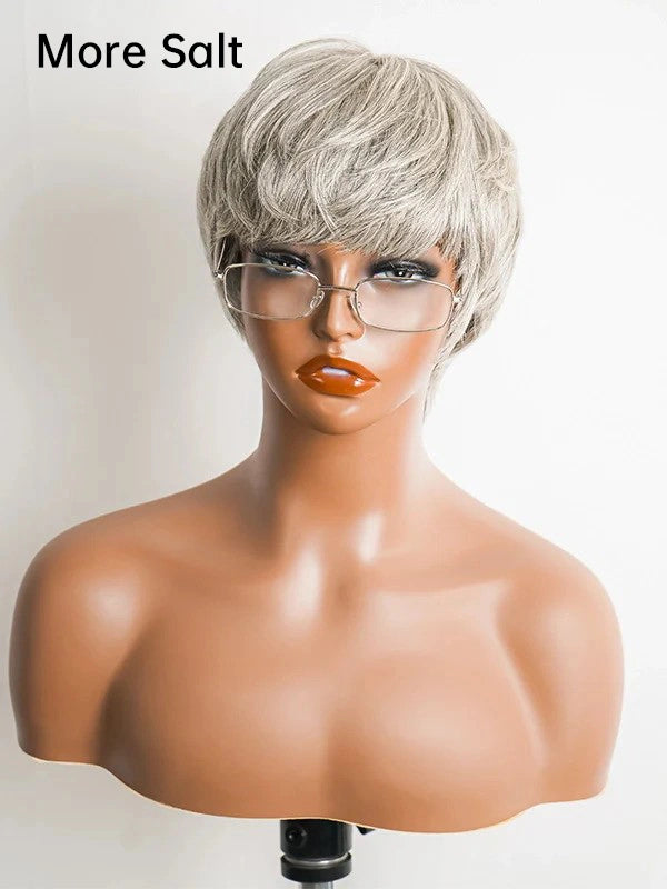 Close-up of Luvwin Salt & Pepper Pixie Cut Full Machine Wig with Bangs, soft natural pixie cut, realistic gray highlights, easy-to-style 100% human hair wig for stylish Black women for work, weekend, or casual occasions
