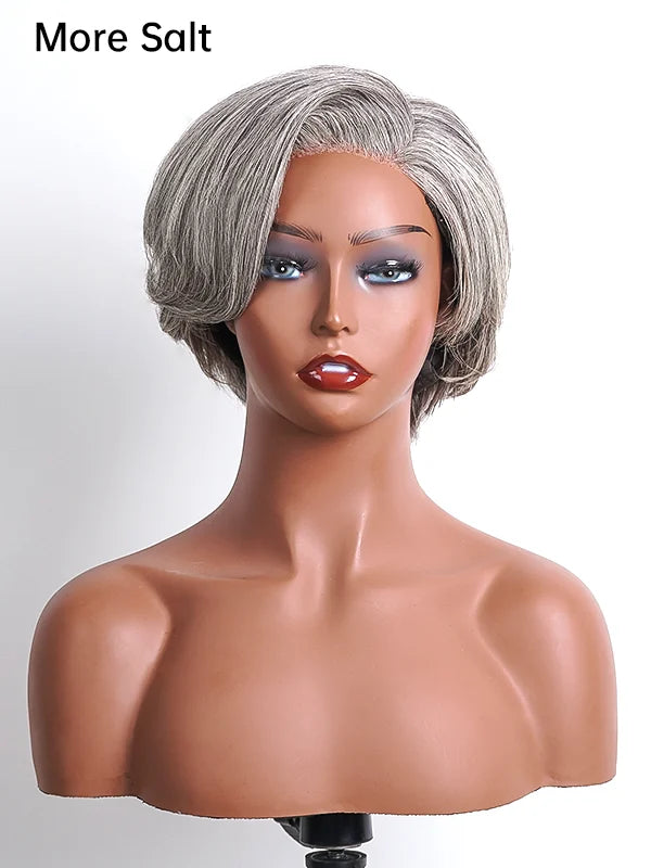 Black woman wearing Luvwin Salt & Pepper 5x5 Closure Pixie Cut Side Part Wig, soft natural pixie cut, realistic gray highlights, 100% human hair, beginner-friendly and easy-to-style wig for work, weekend, or casual occasions