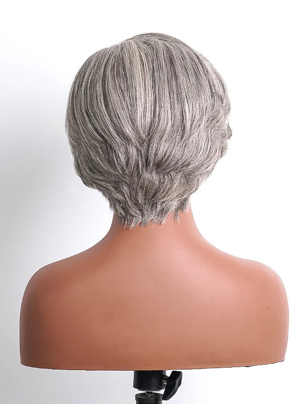 Back view of Luvwin Salt & Pepper 5x5 Closure Pixie Cut Side Part Glueless Wig, soft natural pixie cut, realistic gray highlights, 100% human hair, beginner-friendly and easy-to-style for Black women