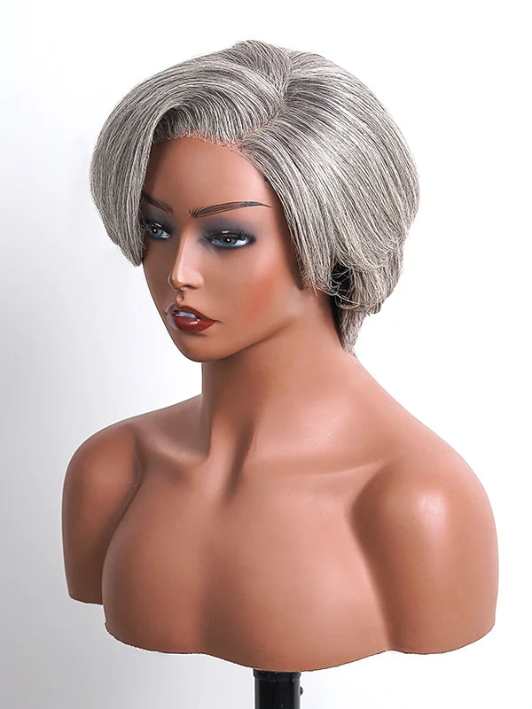 Close-up of Luvwin Salt & Pepper Pixie Cut Side Part Glueless Wig, soft natural pixie cut, realistic gray highlights, 5x5 closure lace, easy-to-style human hair wig for stylish Black women for work, weekend, or casual occasions