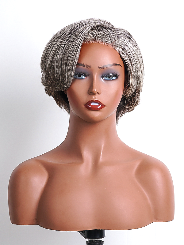 Full product shot of Luvwin Salt & Pepper 5x5 Closure Pixie Cut Side Part Glueless Wig, soft natural pixie cut, realistic gray highlights, 100% human hair, beginner-friendly and easy-to-style wig suitable for everyday, work, or weekend for Black women