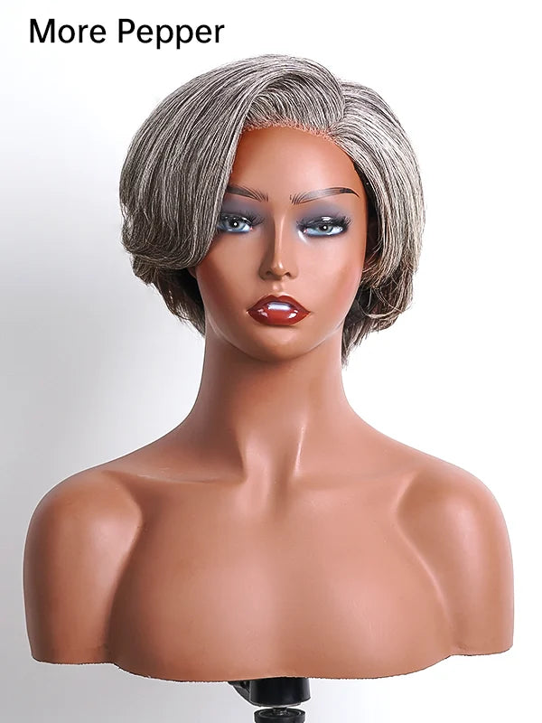 Product display of Luvwin Salt & Pepper 5x5 Closure Pixie Cut Side Part Glueless Wig, soft natural pixie cut, realistic gray highlights, beginner-friendly 100% human hair wig for Black women