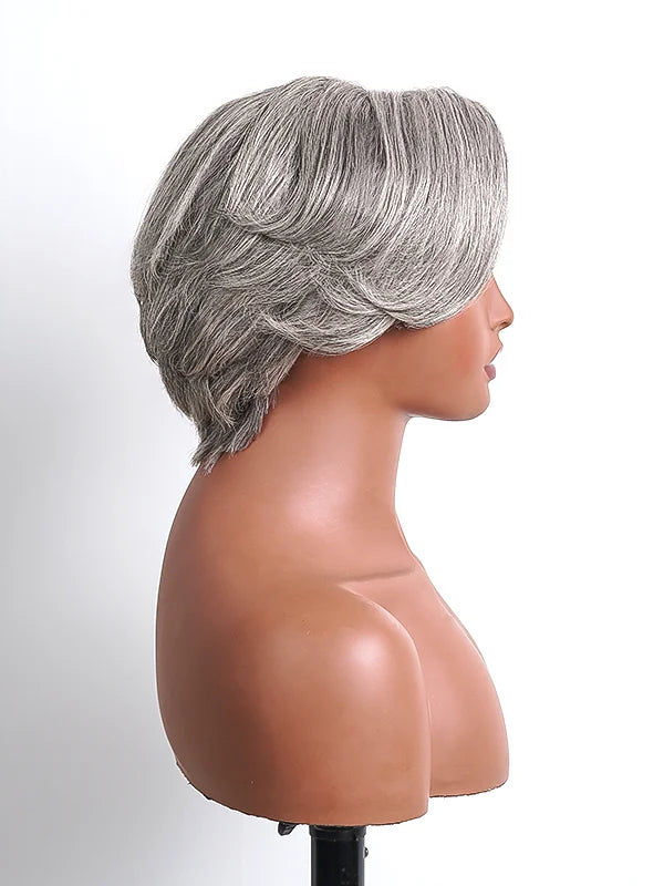 Side view of Luvwin Salt & Pepper Pixie Cut Side Part Glueless Wig, soft natural pixie cut, realistic gray highlights, glueless 5x5 closure, comfortable human hair wig suitable for work, weekend, or casual outings