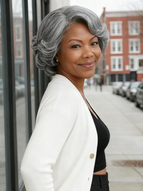 Mature African American woman wearing Luvwin 5x5 Glueless Gray Retro Wave Wig, soft natural waves, realistic Salt & Pepper highlights, pre-cut lace, beginner-friendly human hair wig, stylish for work, weekend, or casual occasions