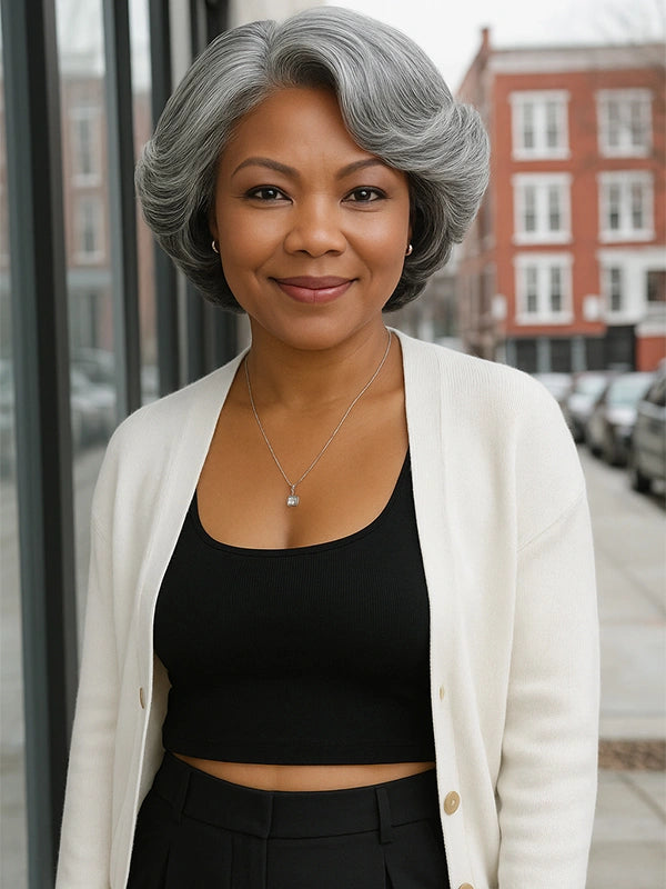 African American woman wearing Luvwin 5x5 Salt & Pepper Glueless Gray Retro Elegant Wave Wig, soft natural waves, realistic gray highlights, pre-cut lace, 100% human hair, beginner-friendly and easy-to-style for work, weekend, or casual occasions