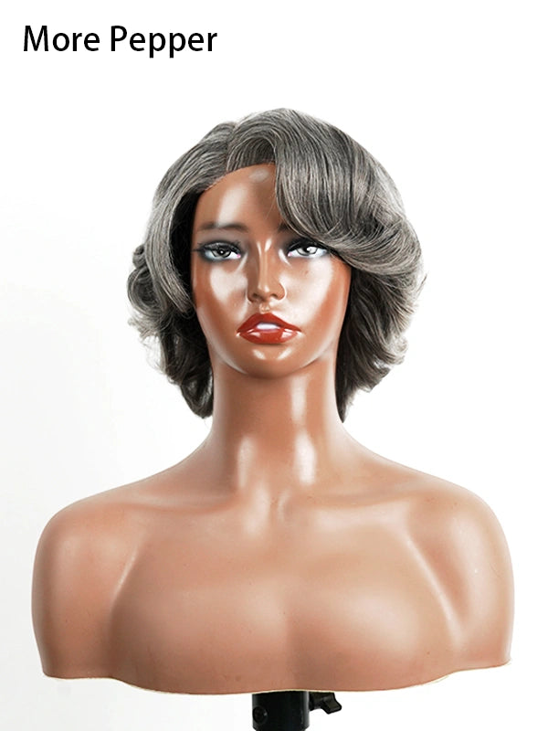 Full product shot of Luvwin 5x5 Glueless Gray Color Retro Elegant Wave Wig, soft natural waves, realistic Salt & Pepper highlights, pre-cut 5x5 lace, beginner-friendly human hair wig suitable for work, weekend, or casual occasions for Black women