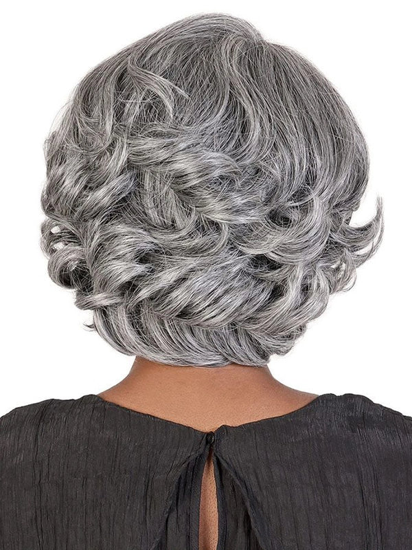 Black woman wearing Luvwin 5x5 Salt & Pepper Gray Color Retro Elegant Wave Wig, soft natural waves, realistic gray highlights, pre-cut lace, easy-to-style human hair wig suitable for work, weekend, or casual occasions