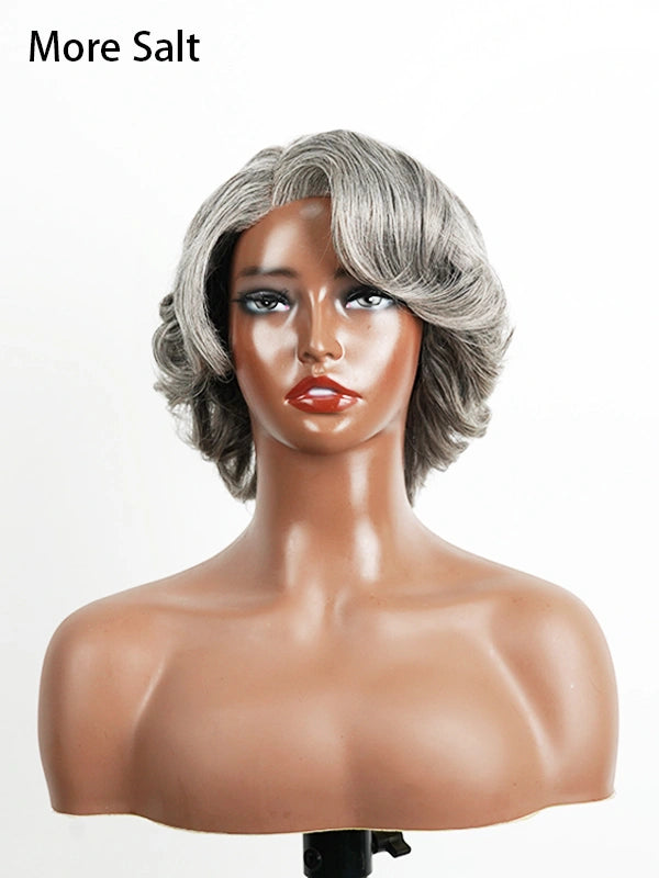 Product display of Luvwin 5x5 Salt & Pepper Glueless Gray Retro Elegant Wave Wig, soft natural waves, pre-cut lace, realistic gray highlights, beginner-friendly 100% human hair wig for Black women