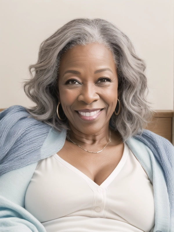 African American woman wearing Luvwin 5x5 Salt & Pepper Gray Short Layered Loose Wave Wig, soft natural waves, glueless pre-cut lace, 100% human hair, beginner-friendly, easy-to-style wig for work, weekend, or casual occasions