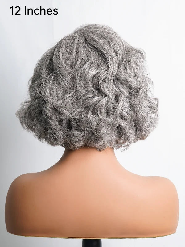 Full product shot of Luvwin 5x5 Salt & Pepper Gray Color Short Layered Loose Wave Glueless Wig, soft natural waves, realistic gray highlights, 100% human hair, beginner-friendly and easy-to-style wig suitable for everyday, work, or weekend for Black women