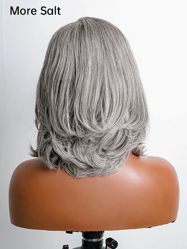 Luvwin Gray Layered Straight Bob Wig, glueless, pre-cut, 100% human hair, beginner-friendly, natural gray hair for mature women, ideal for daily and formal occasions