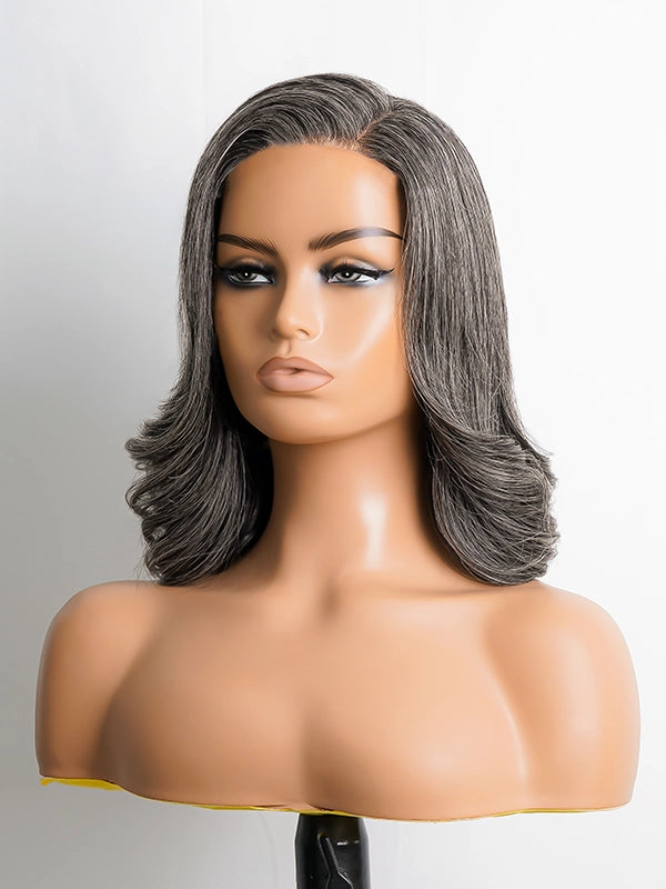 Luvwin Dark Gray Salt & Pepper Custom Wavy Hair 5x5 Pre-cut Lace Bob Wig, soft natural waves, realistic gray highlights, glueless 100% human hair wig suitable for mature women and seniors, perfect for social outings, family gatherings, or casual wear