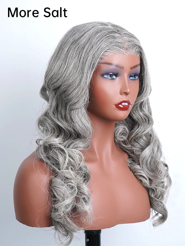 Luvwin 13x4 Salt & Pepper Wavy Glueless Gray Color Wig, soft natural waves, realistic gray highlights, pre-cut lace, beginner-friendly human hair wig for Black women