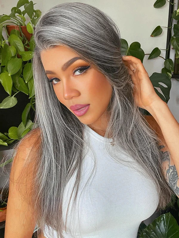 Mature black woman with Gray Straight Wig, glueless, 100% real human hair, natural appearance, easy to wear, beginner-friendly