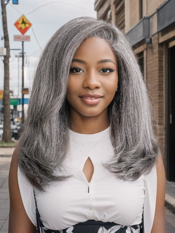 African American woman wearing Luvwin Kinky Straight Wavy Layered Style Gray Color Salt & Pepper Hair 5x5 Closure Wig, soft natural waves, realistic gray highlights, 100% human hair, beginner-friendly wig suitable for mature women, mid-aged and older, ideal for work, brunch, or social gatherings