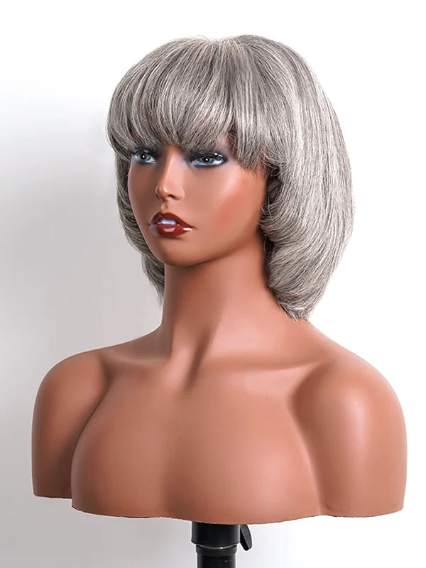 Top view of Luvwin Salt & Pepper Layered Short Bang Wig, soft natural layers, realistic gray highlights, inner buckle design, easy-to-style human hair wig for everyday wear by Black women