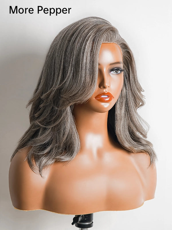 Product shot of Luvwin Salt & Pepper Gray Beginner Friendly Wave Wig, natural human hair, soft layered waves, realistic glueless lace wig, perfect for everyday or special occasions