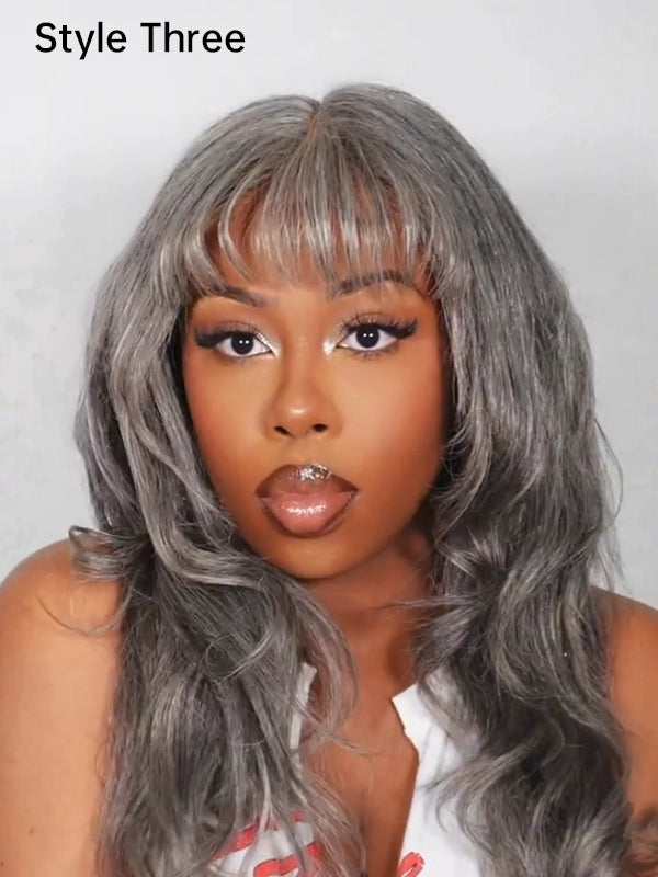 Close-up of Luvwin 5x5 Closure Layered Wave Kinky Straight Salt & Pepper Wig, soft natural layered waves, realistic gray highlights, easy-to-style 100% human hair wig for stylish Black women for work, weekend, or casual occasions