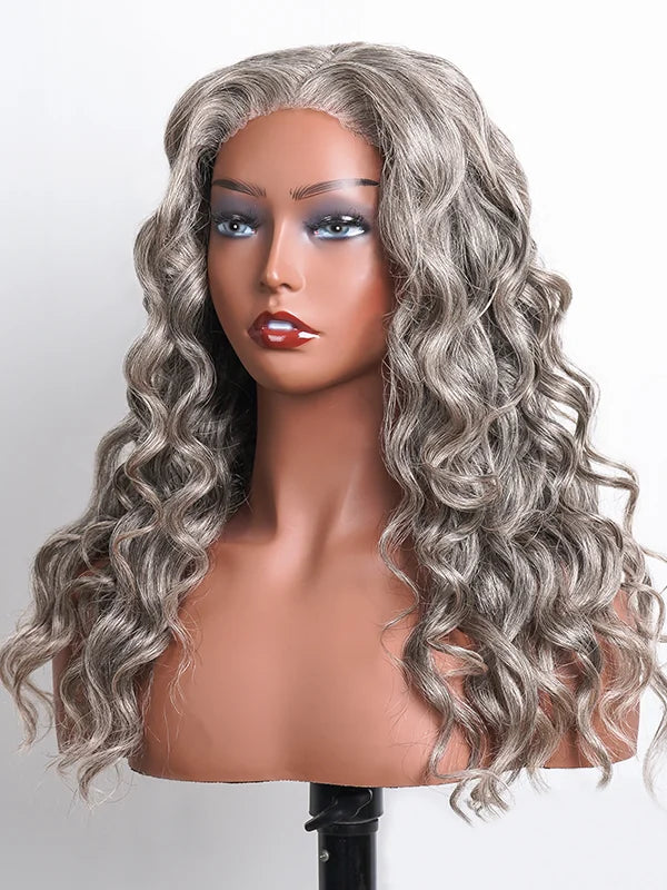 Close-up of Luvwin Salt & Pepper Loose Wave Wig, soft natural waves, glueless 5x5 closure, realistic gray highlights, 100% human hair, easy-to-style human hair wig for stylish Black women