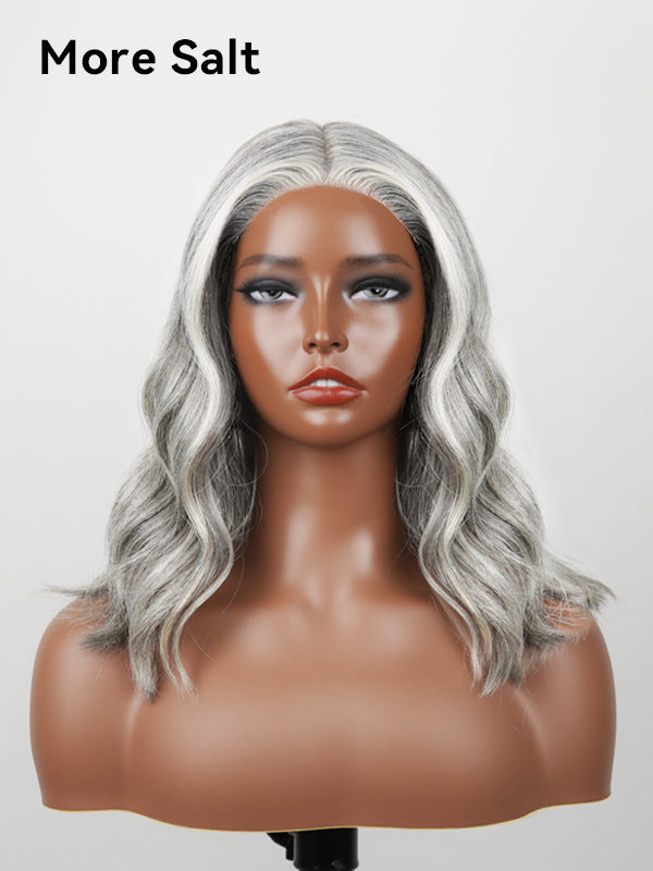 Close-up of Luvwin Salt & Pepper Loose Wave Glueless Bob Wig, soft natural waves, realistic gray highlights, 5x5 closure lace, easy-to-style human hair wig for stylish Black women for work, weekend, or casual occasions