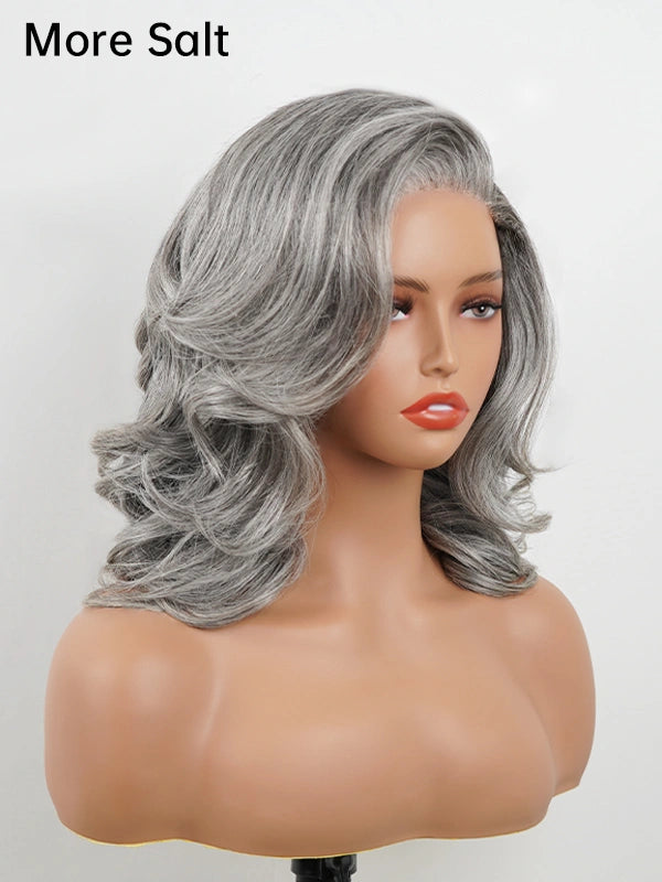 Side view of Luvwin More Salt and Pepper layered blowout wave wig, 100% human hair gray wig with natural silver highlights, beginner friendly glueless design for women.