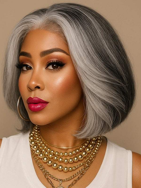 Elegant African American woman wearing Luvwin More Salt Highlight gray straight wig, glueless front lace, soft natural hairline, realistic texture and 4C edges, recommended for Black women seeking stylish gray wigs for casual and formal occasions