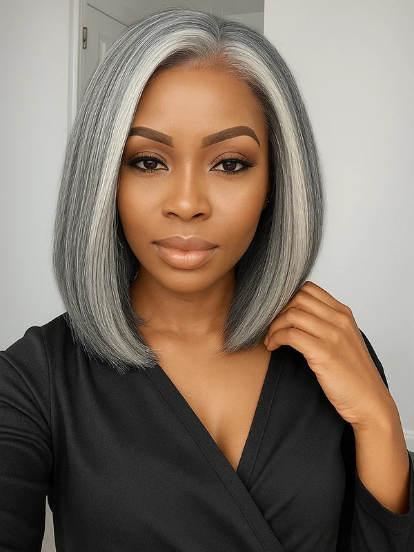 African American woman wearing Luvwin Salt and Pepper More Salt Highlight Straight Wig with realistic 4C edges, natural hairline, gray highlights wig for Black women, easy-to-style glueless lace wig that combines elegance and comfort
