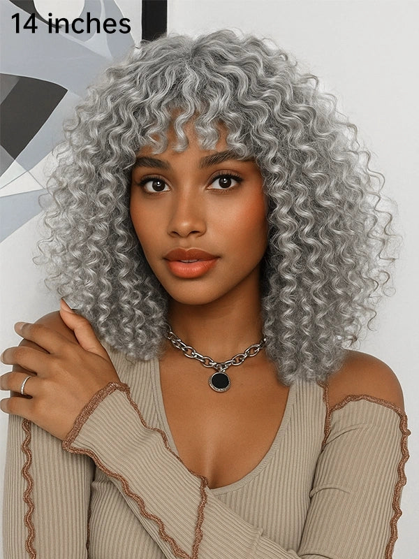 African American woman in Luvwin Salt And Pepper Defined Curls Wig with Bangs, soft realistic curls, natural hairline, glueless lace wig, beginner-friendly human hair wig for stylish Black women