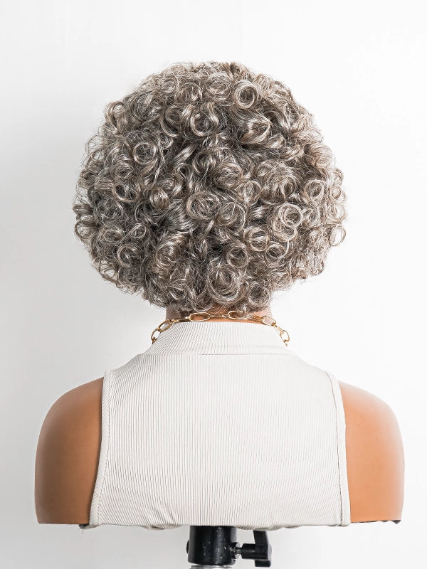 Luvwin Full Machine Pixie Cut Curly Hair Wig with Bangs, Salt & Pepper color, soft defined curls, glueless human hair wig without lace suitable for mature women and mid-aged adults, perfect for brunch, family gatherings, weekend events, or social outings